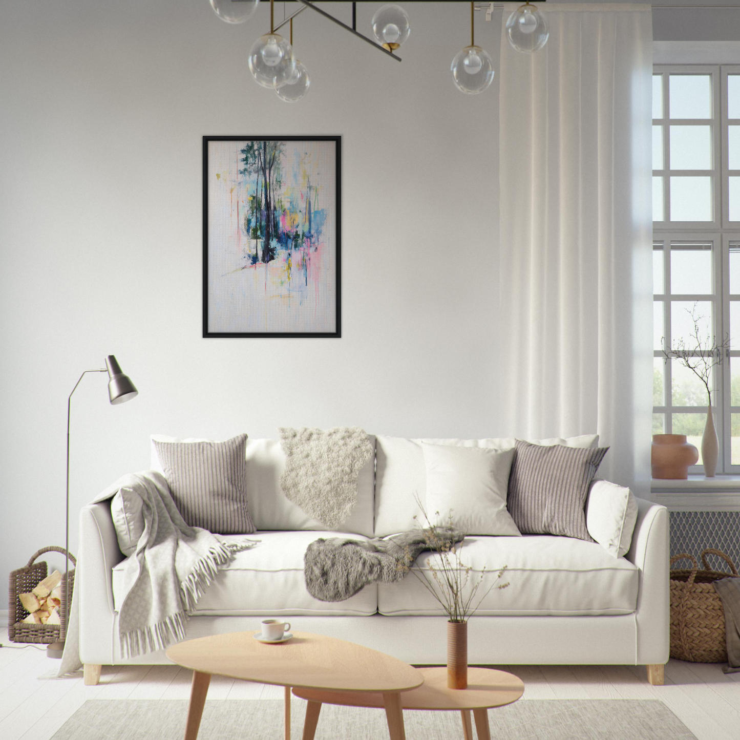 White sofa adorned with throw pillows and blankets for elegant Dancing Quiet Spring room decor