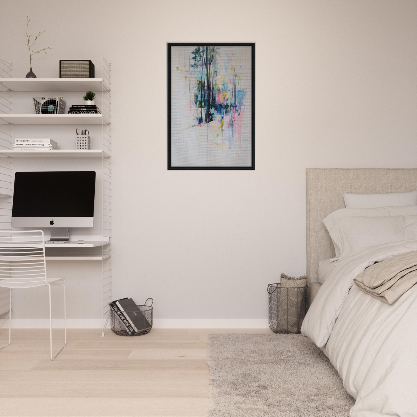 Minimalist bedroom with white walls and Dancing Quiet Spring framed canvas print