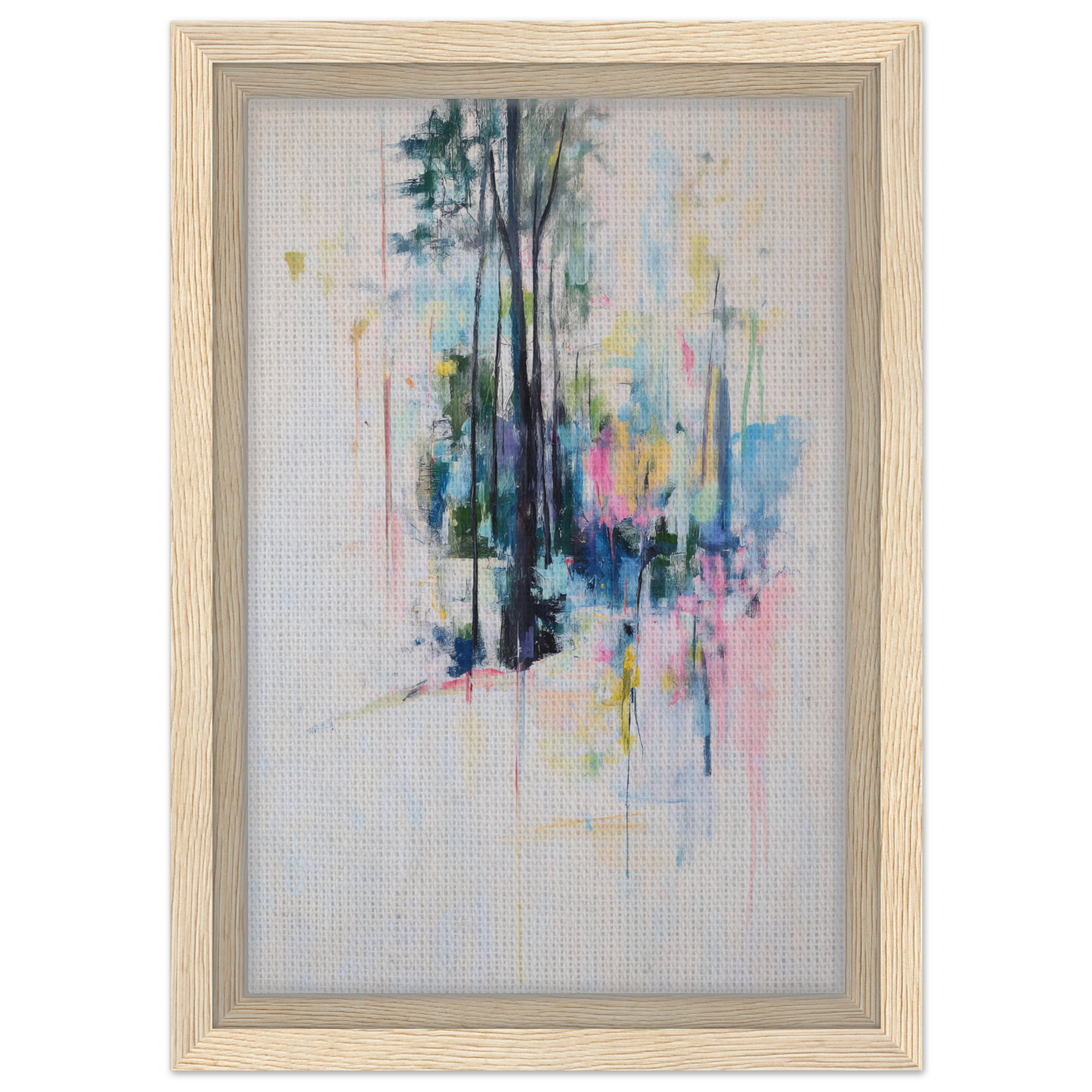 Abstract watercolor painting of trees in pastel colors in Dancing Quiet Spring framed canvas