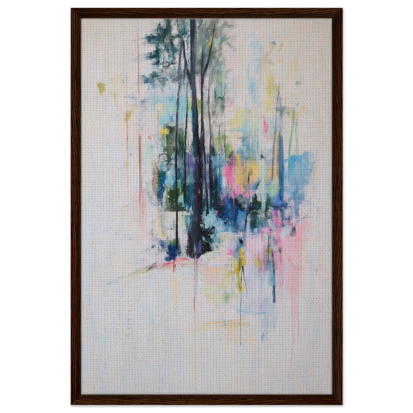 Abstract painting of trees in vibrant colors on light background, framed canvas print Dancing Quiet Spring