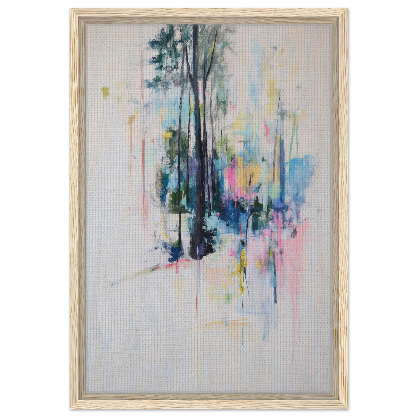 Abstract watercolor painting of tree-like forms in muted colors for Dancing Quiet Spring framed canvas