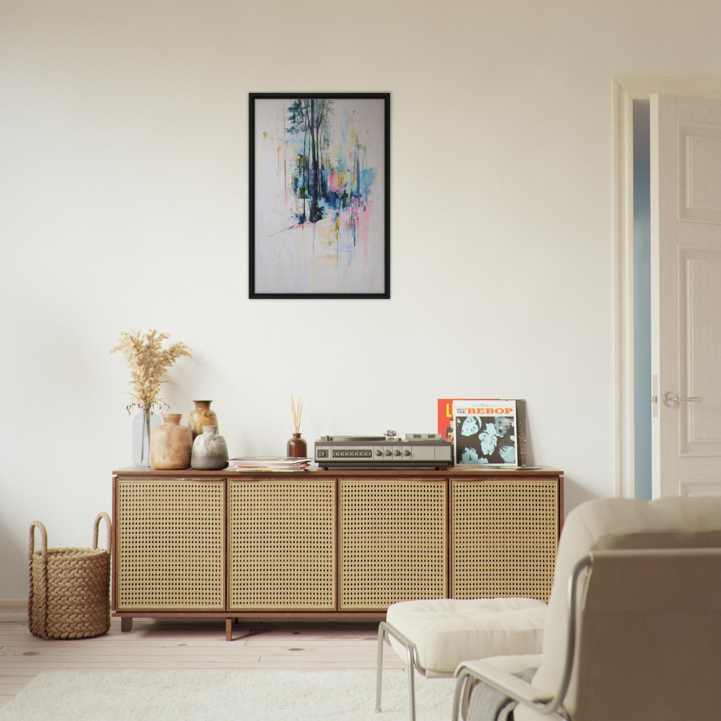 Wooden sideboard with cane-webbed doors and decorative items for Dancing Quiet Spring