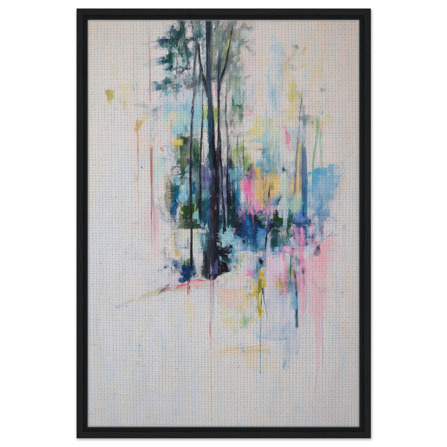 Abstract painting of vertical tree forms with colorful drips, ideal for Dancing Quiet Spring room decor