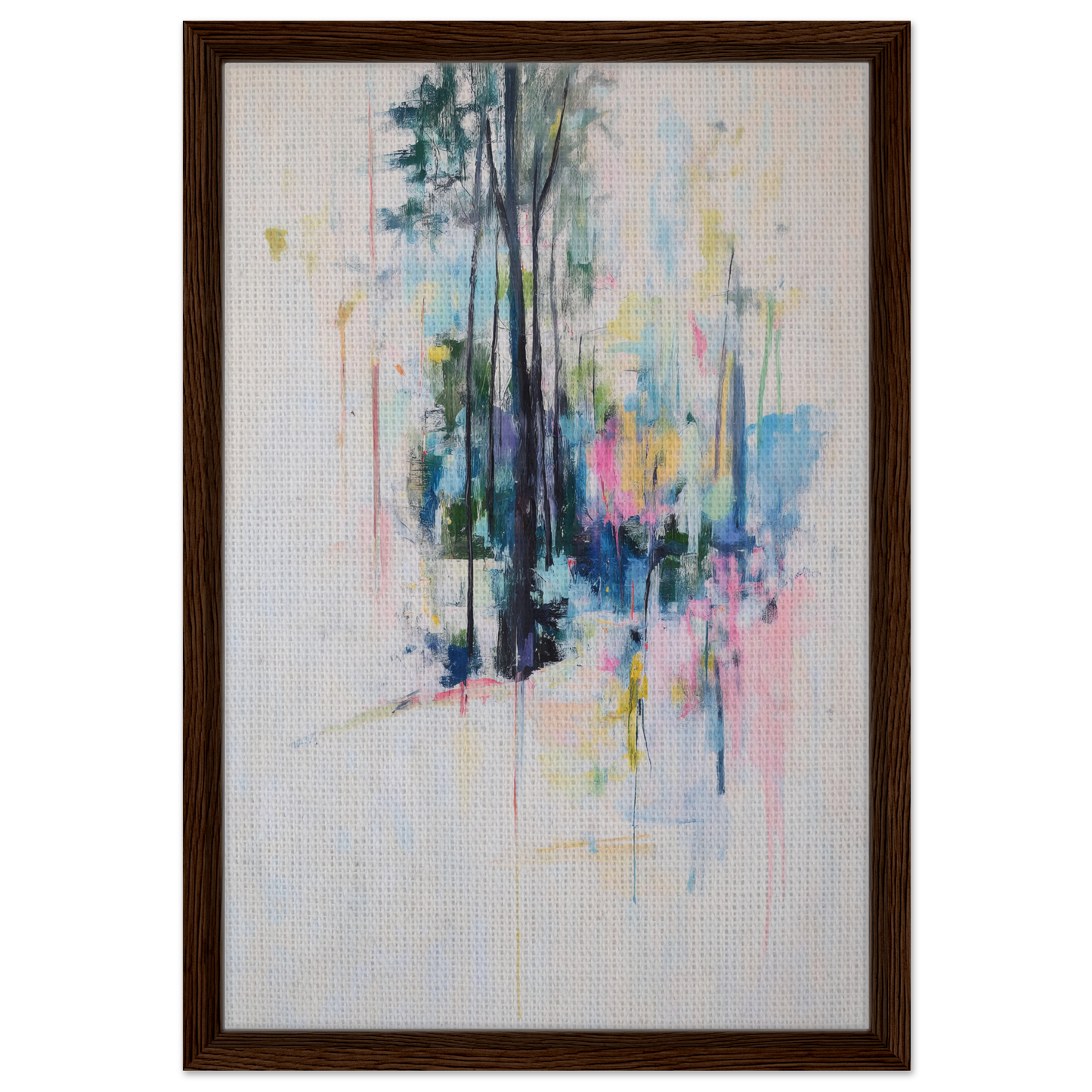 Abstract watercolor painting of trees in vibrant colors for Dancing Quiet Spring framed canvas