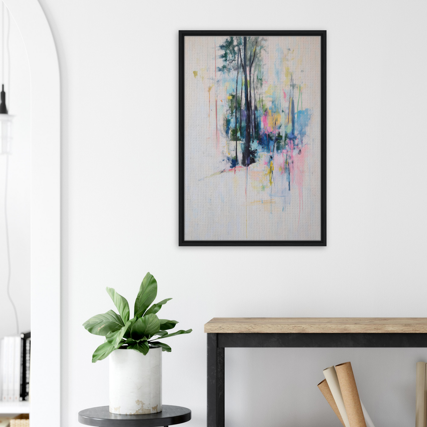 Abstract painting titled Dancing Quiet Spring, featuring vertical streaks on a framed canvas