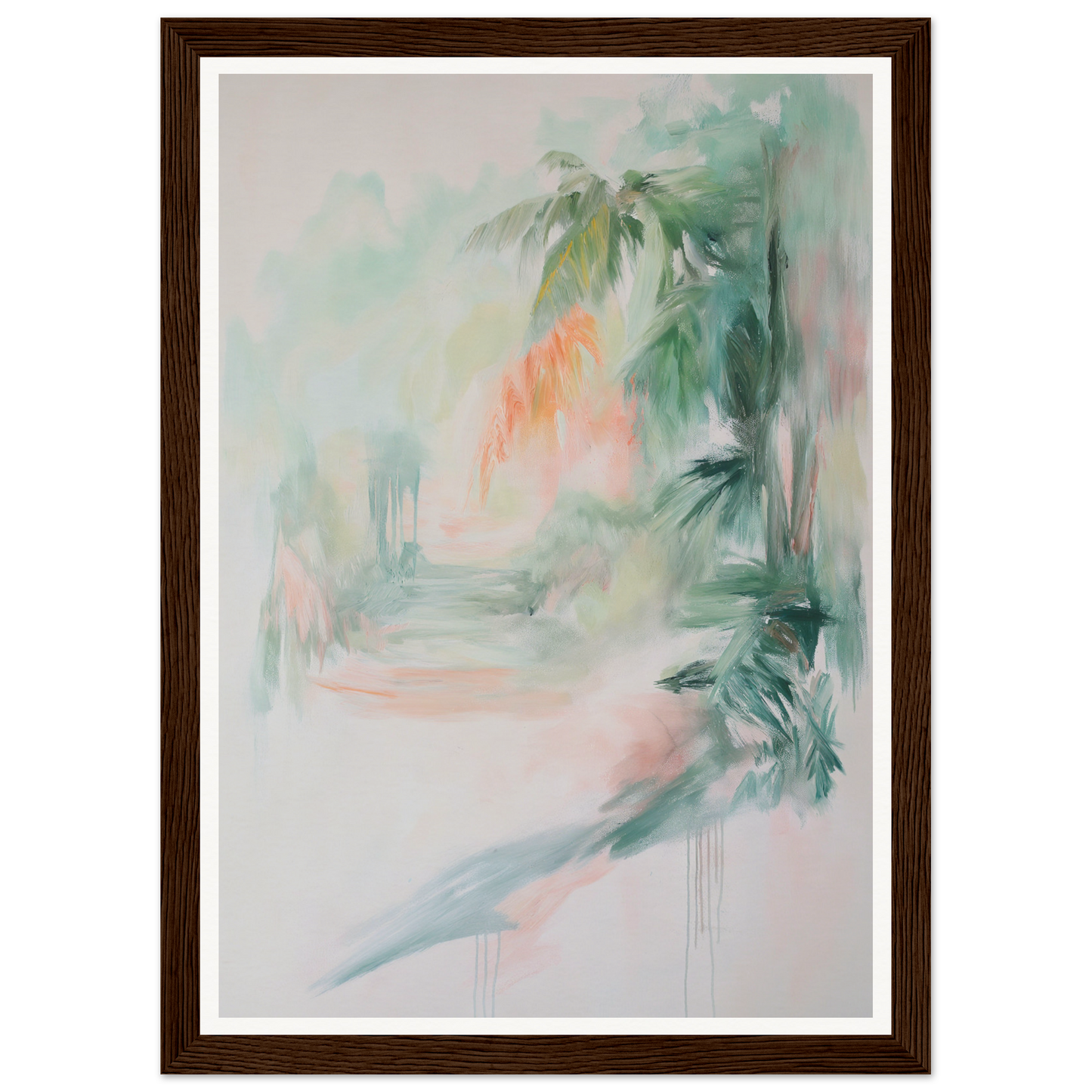 Framed wall art with blurred green and orange brushstrokes for tasteful room decor.