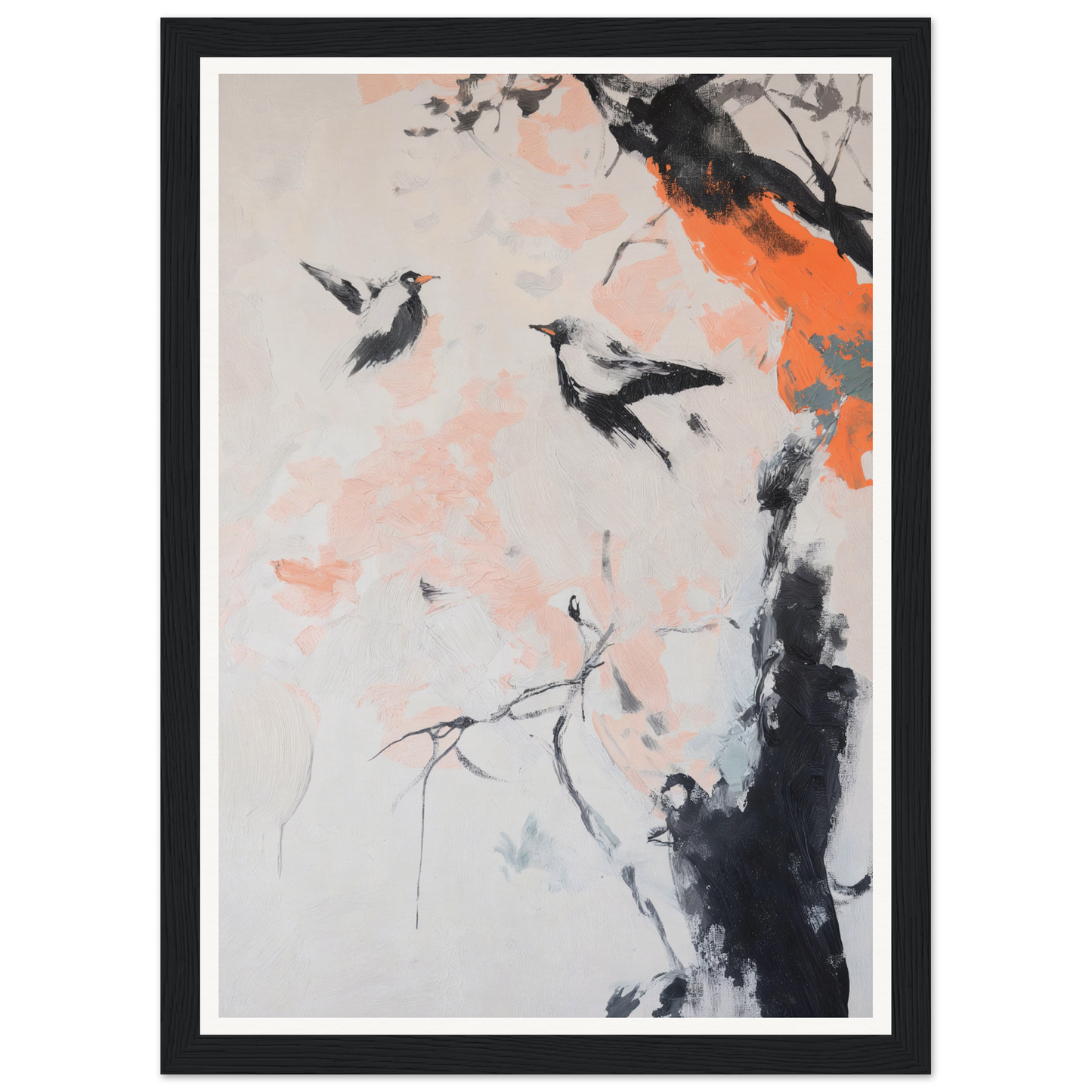 Framed wall art of birds in a tree with orange and pink abstract elements.