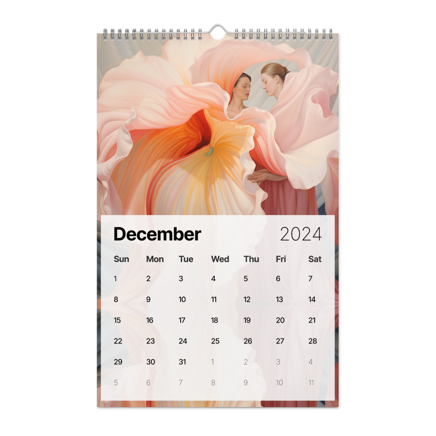 Wall calendar for December 2024 featuring a soft, floral-inspired artistic image.