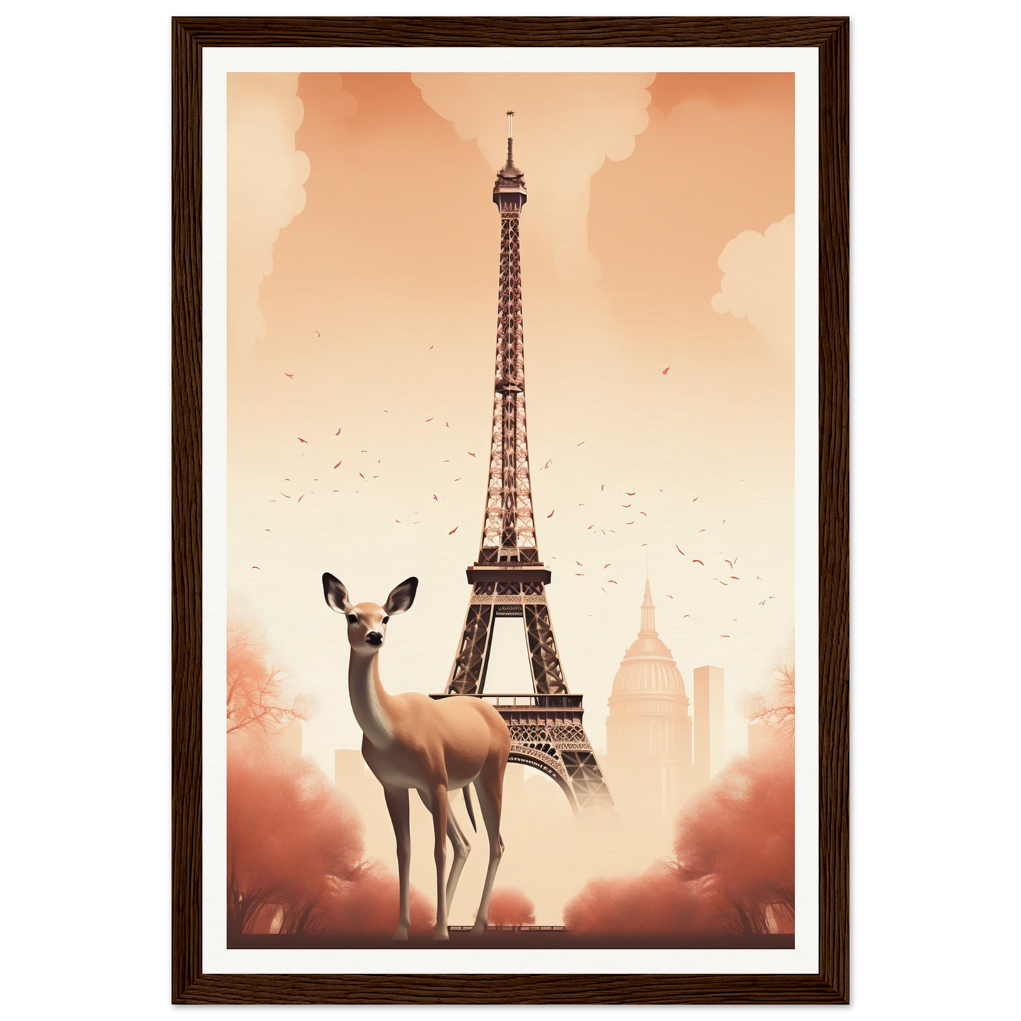A deer standing in front of the eiff tower