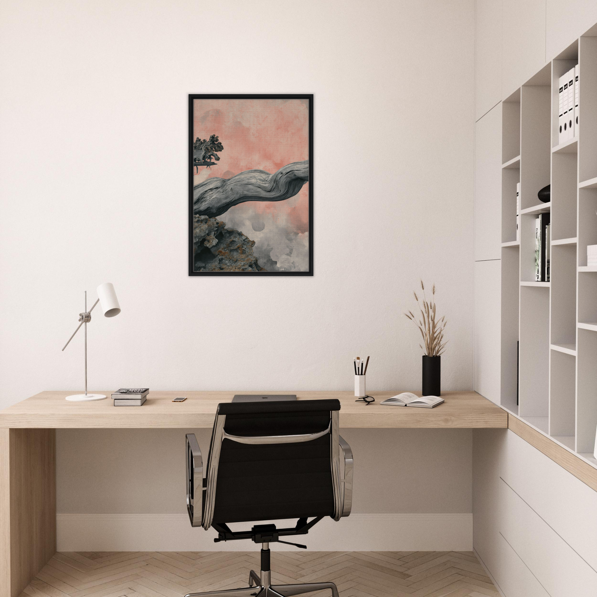 Minimalist home office featuring Delicate Drift Reverie wall art and stylish room decor