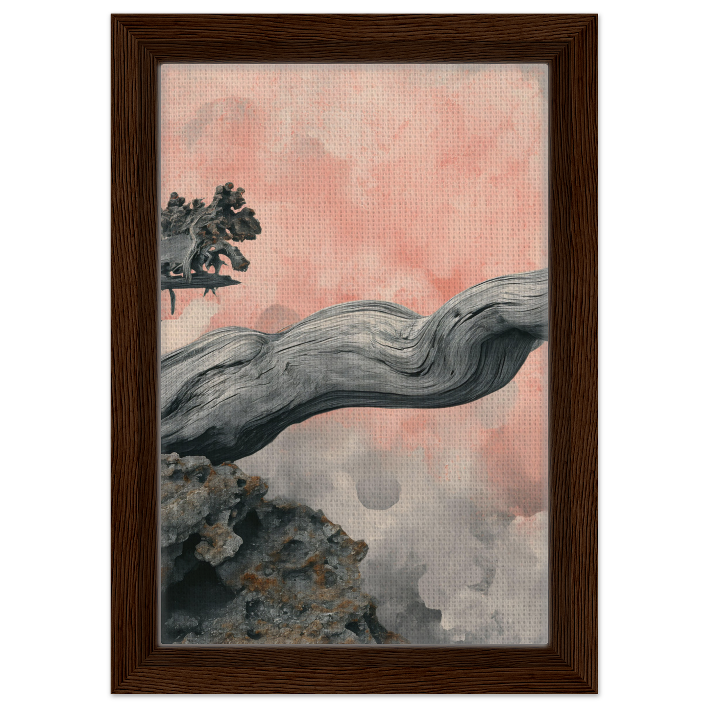 Curved gnarled branch over a misty landscape in Delicate Drift Reverie room decor