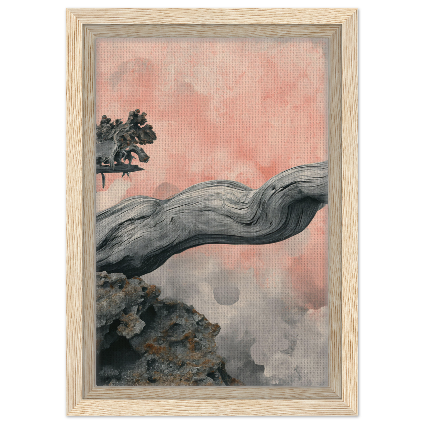 Curved gnarled driftwood against a pink sky in Delicate Drift Reverie room decor