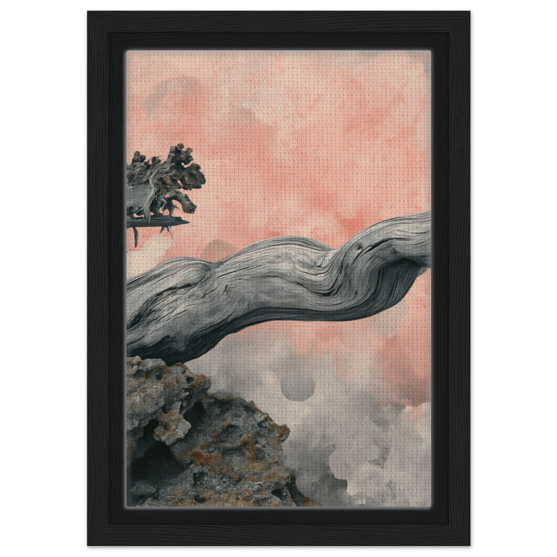 Curved gnarled tree branch over misty landscape in Delicate Drift Reverie framed canvas print