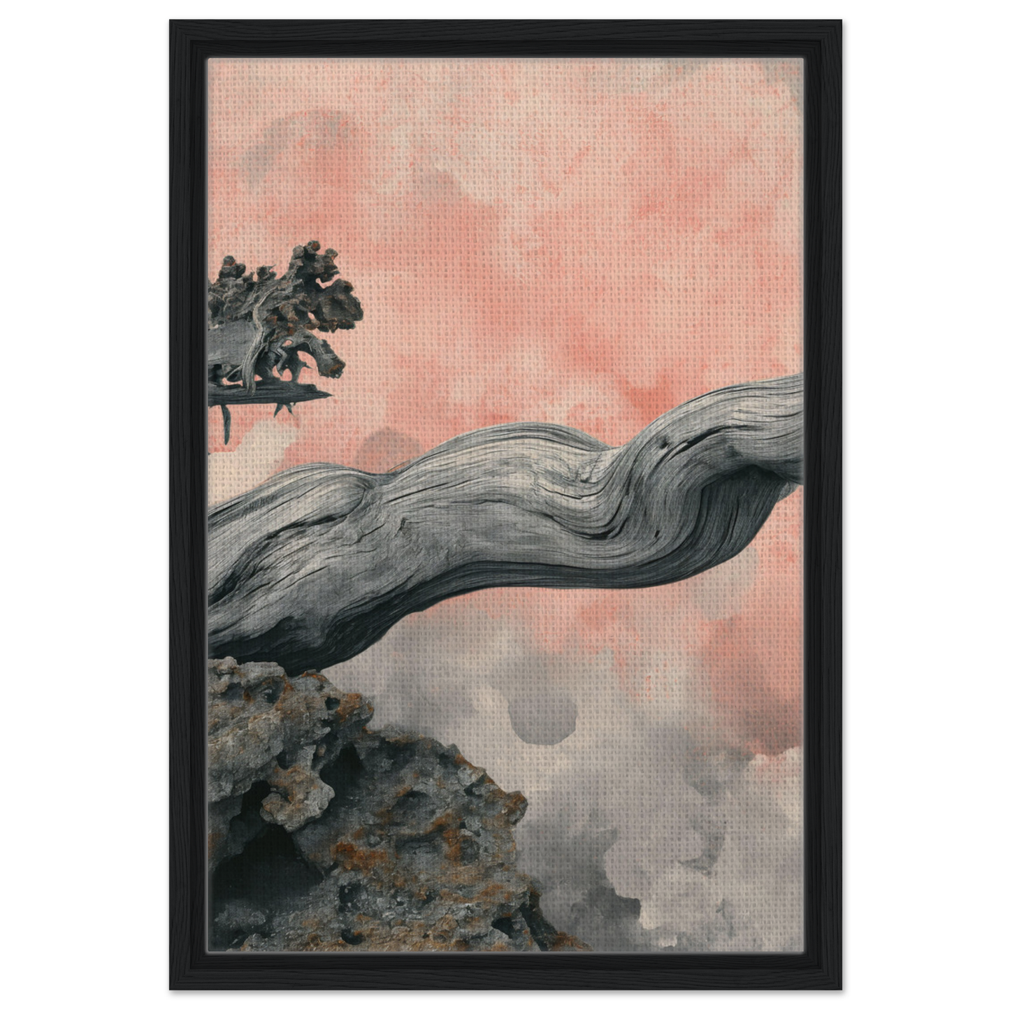 Twisted driftwood stretches over a rocky surface in Delicate Drift Reverie art