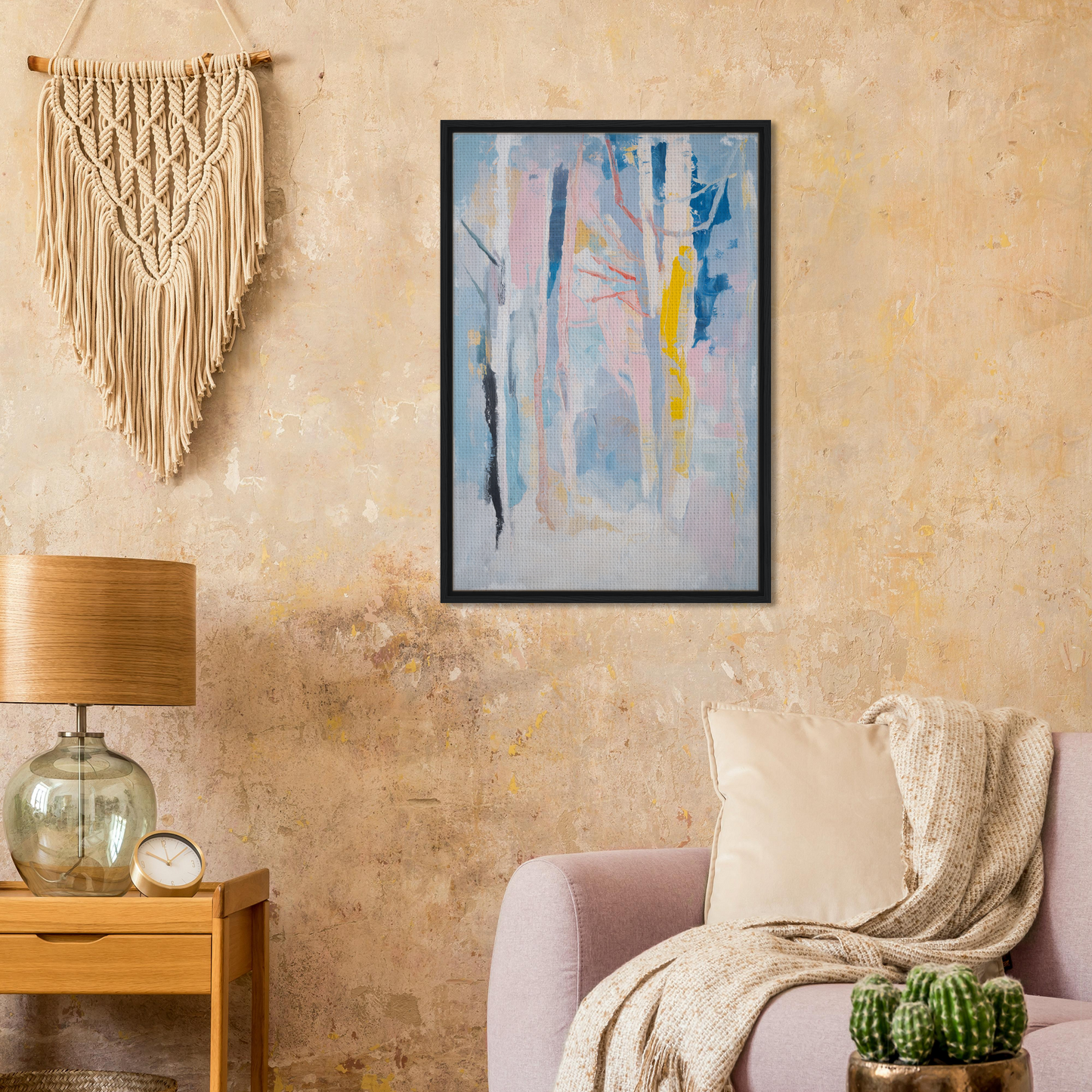 Framed abstract painting in soft blue, pink, and yellow for Delirious Canopy Solitude room decor