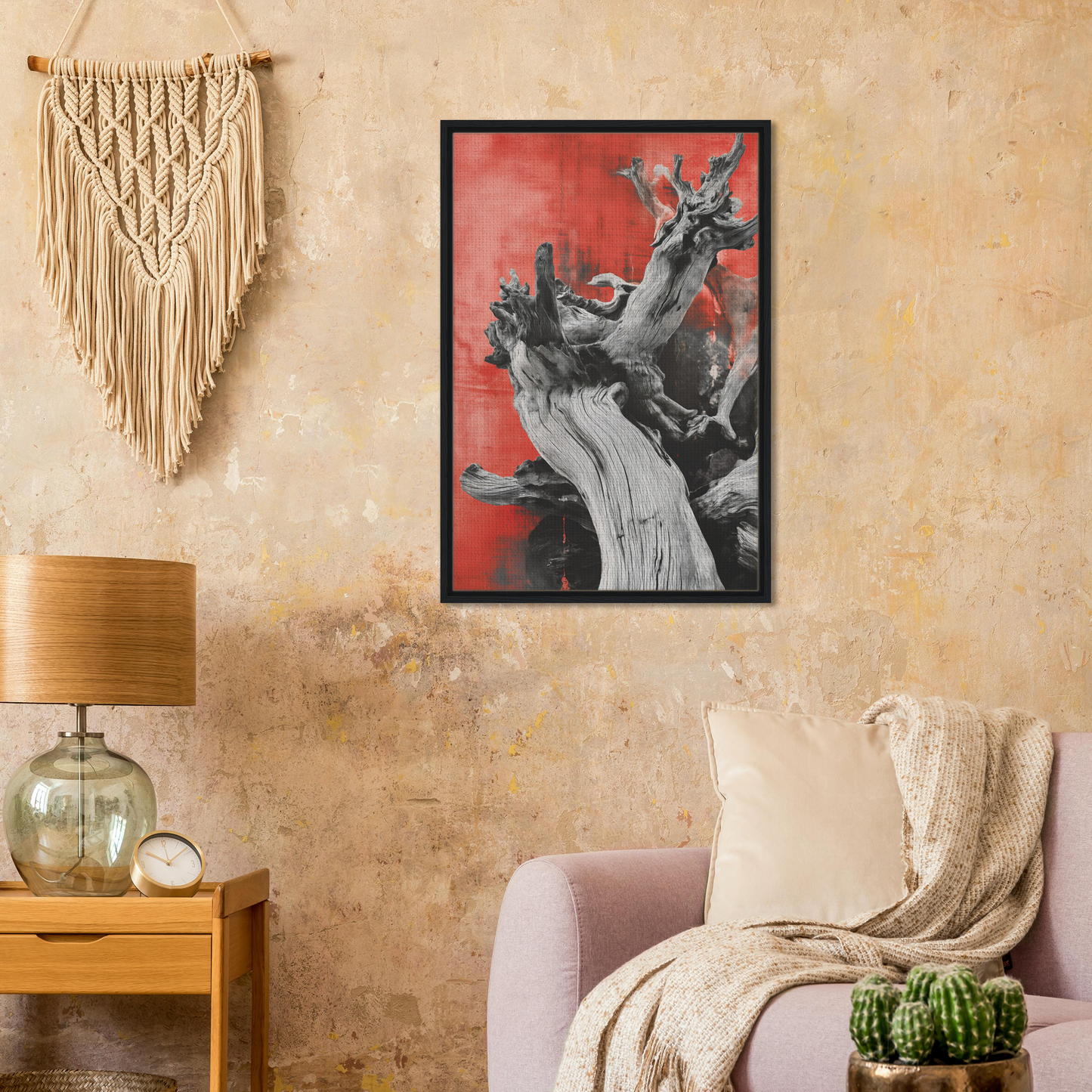 Framed artwork of a stag on red background for Demonic Drift Dance room decor
