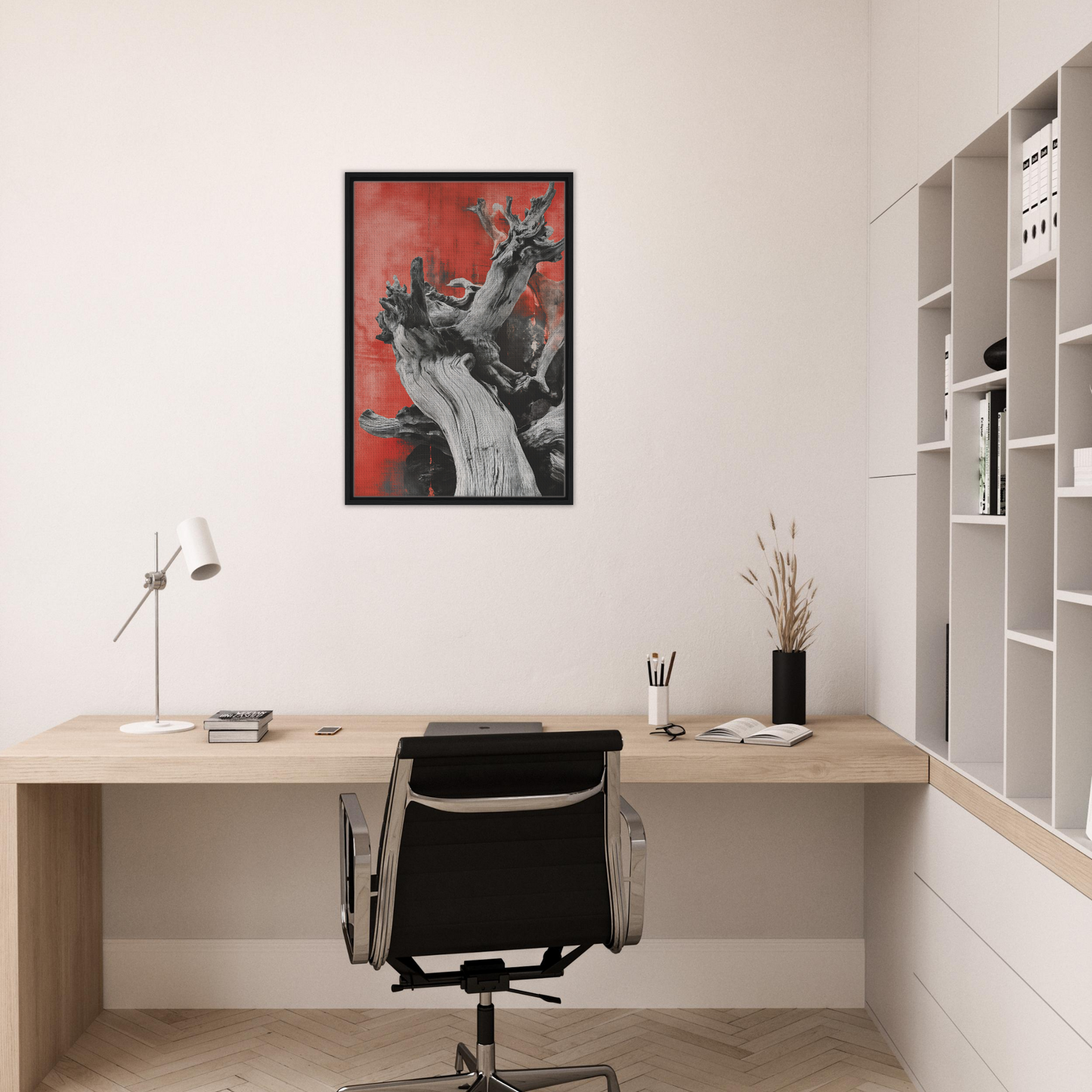 Minimalist home office with wooden desk, black chair, and framed canvas print from Demonic Drift Dance