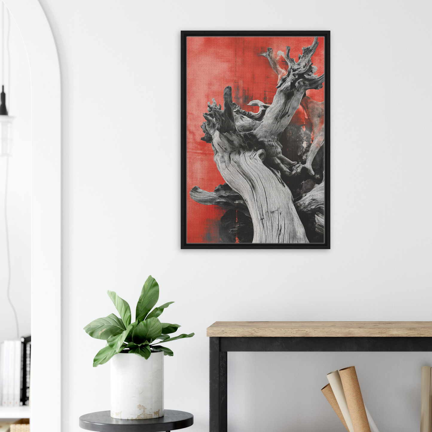 Framed black and white gnarled tree trunk art for Demonic Drift Dance room decor