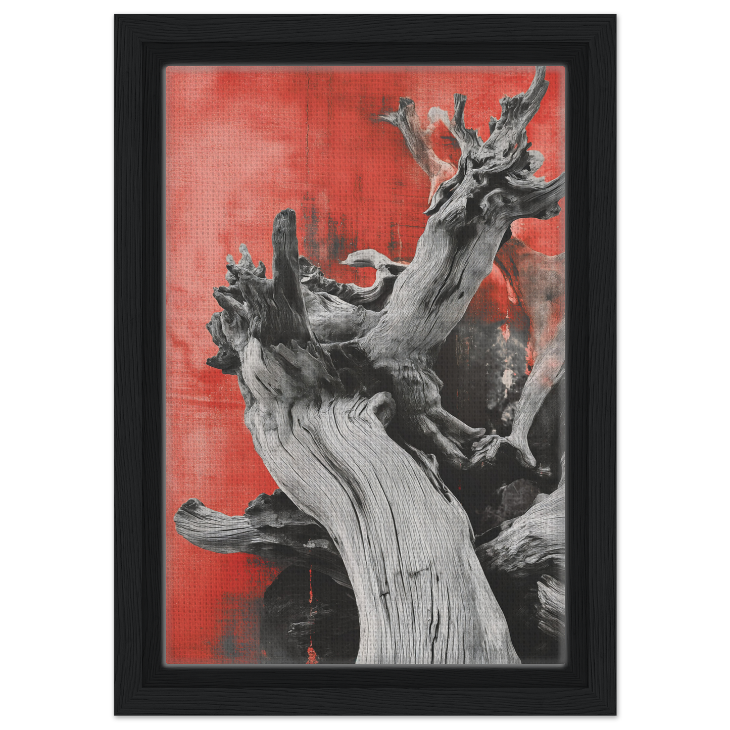 Gnarled tree trunk showcasing Demonic Drift Dance against a vibrant red background for room decor