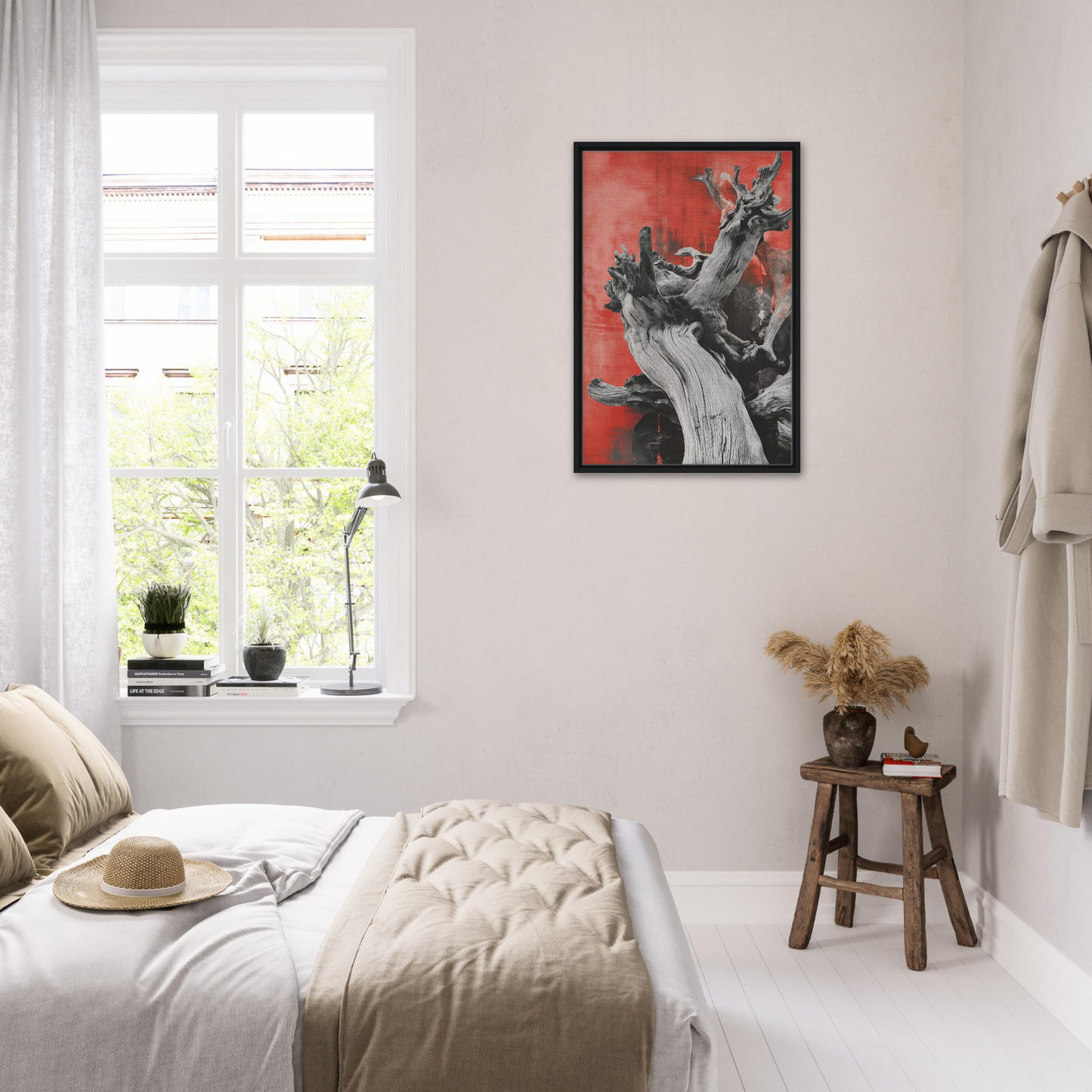 Cozy bedroom showcasing white decor and Demonic Drift Dance artwork for stylish room decor