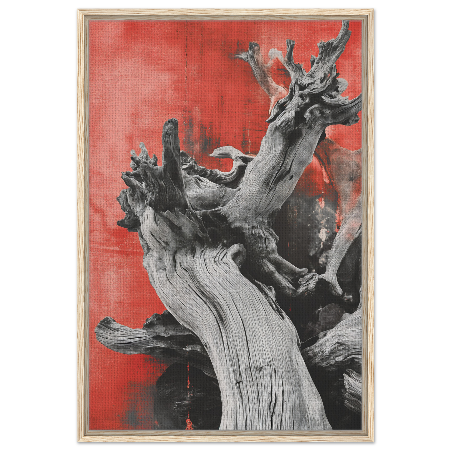 Gnarled tree trunk against a red background in Demonic Drift Dance framed canvas print