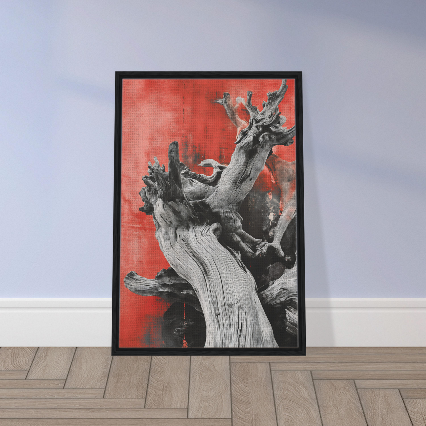 Framed canvas print of gnarled tree on red background for Demonic Drift Dance decor