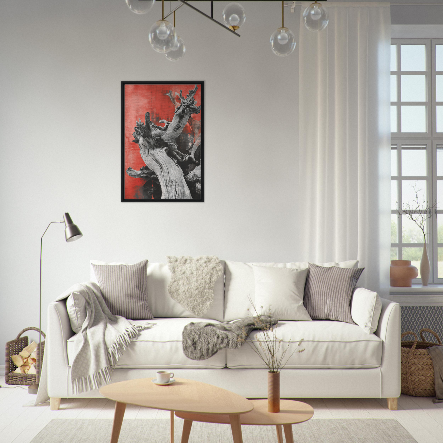 White sofa adorned with throw pillows and blankets inspired by Demonic Drift Dance art