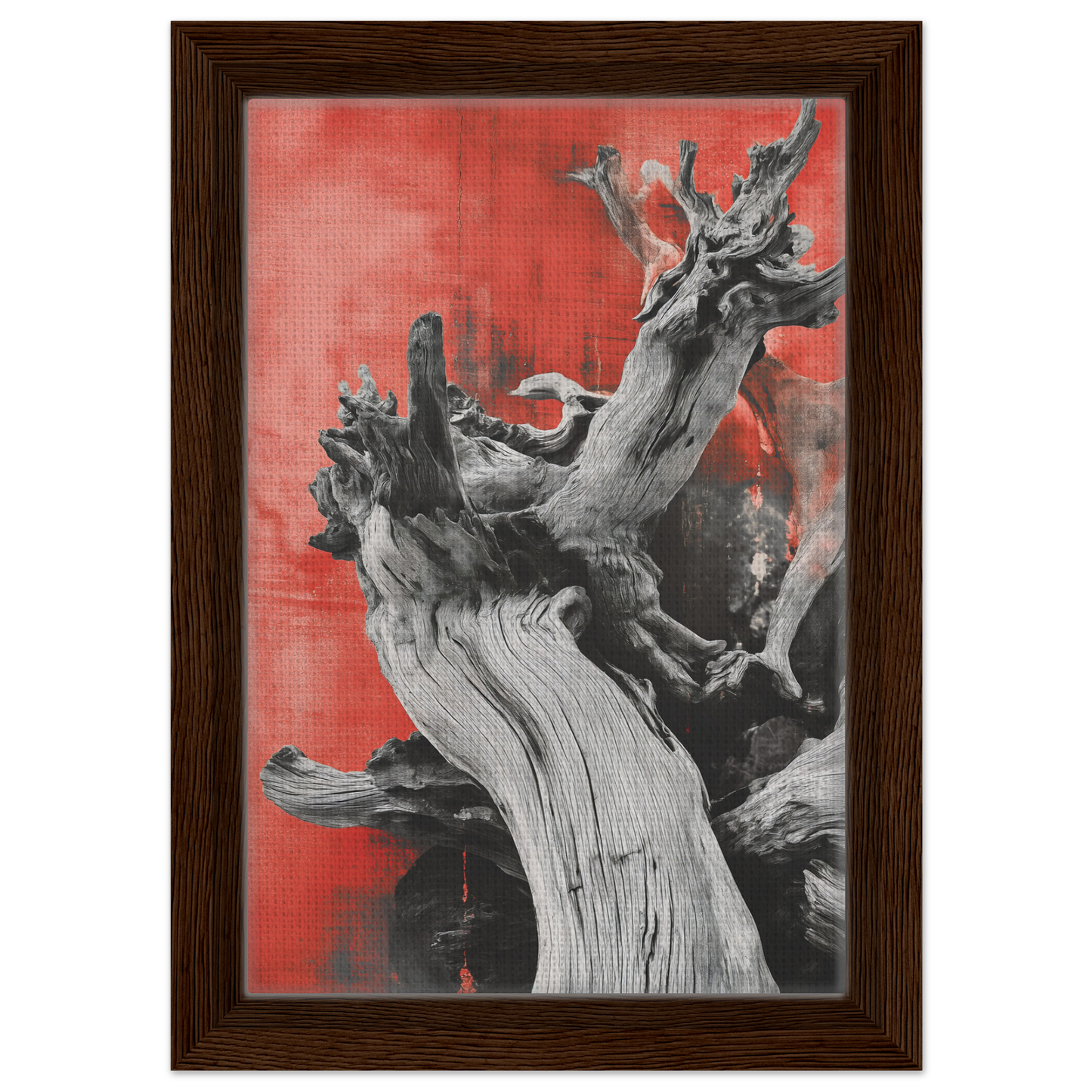 Gnarled tree trunk against red backdrop for Demonic Drift Dance room decor on Shopify Planet