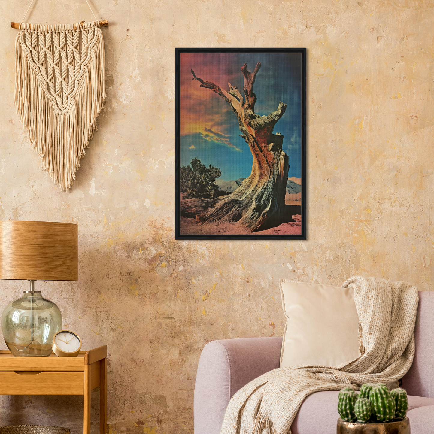 Framed canvas print of a gnarled tree at sunset from Desert Time Odyssey collection