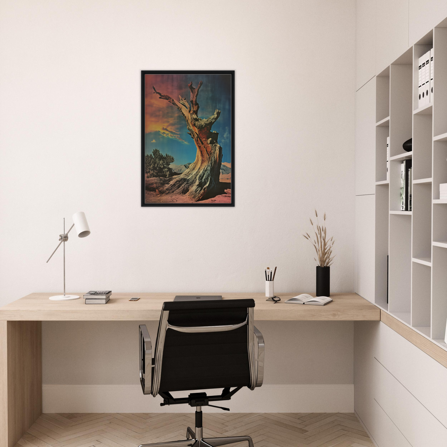 Minimalist Desert Time Odyssey home office with wooden desk, black chair, and framed canvas print