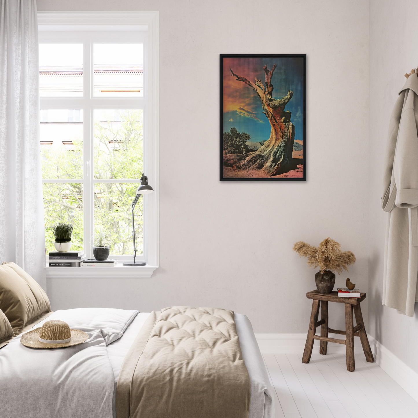 Bright, airy bedroom showcasing Desert Time Odyssey room decor with colorful tree painting