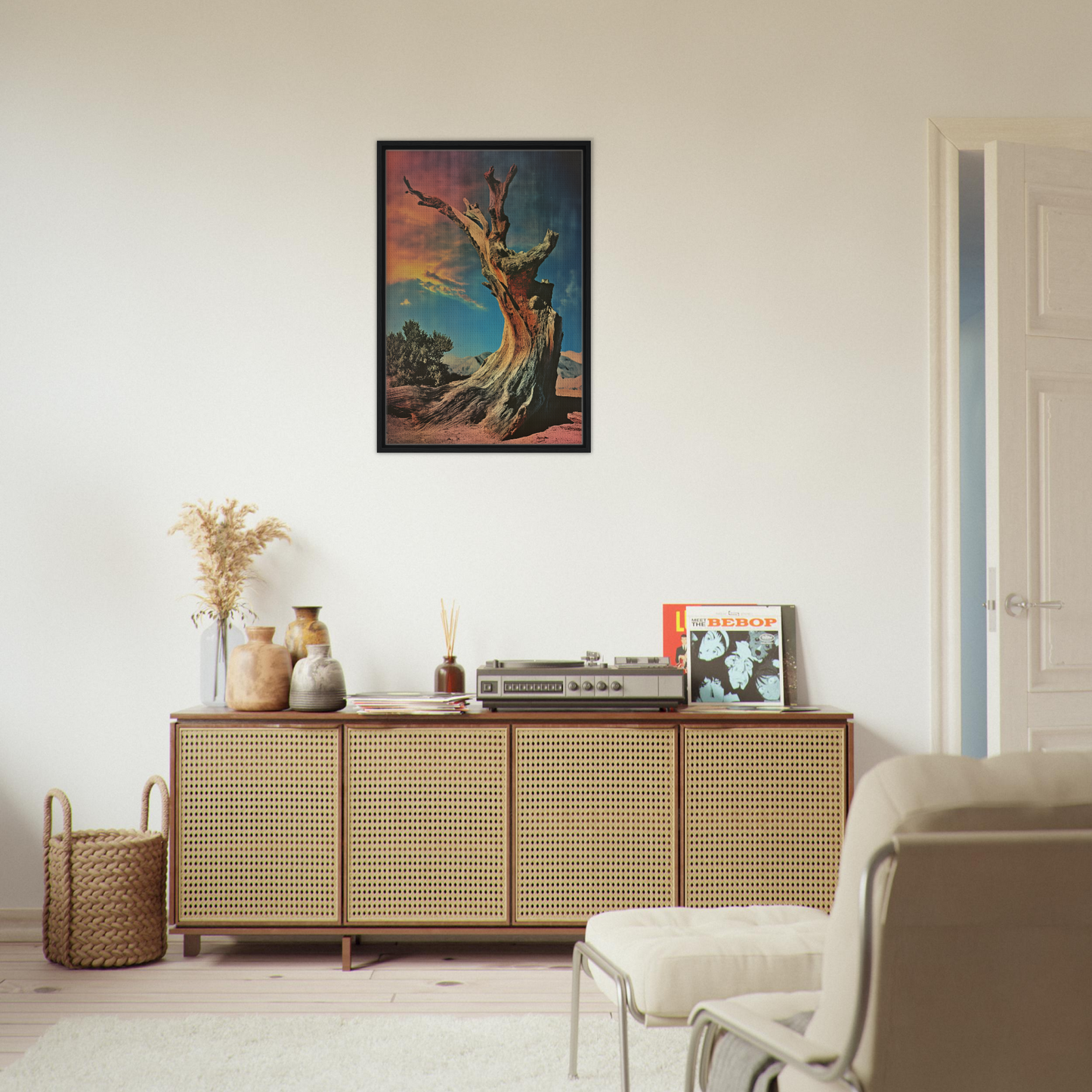 Wooden sideboard with cane-webbed doors ideal for Desert Time Odyssey room decor