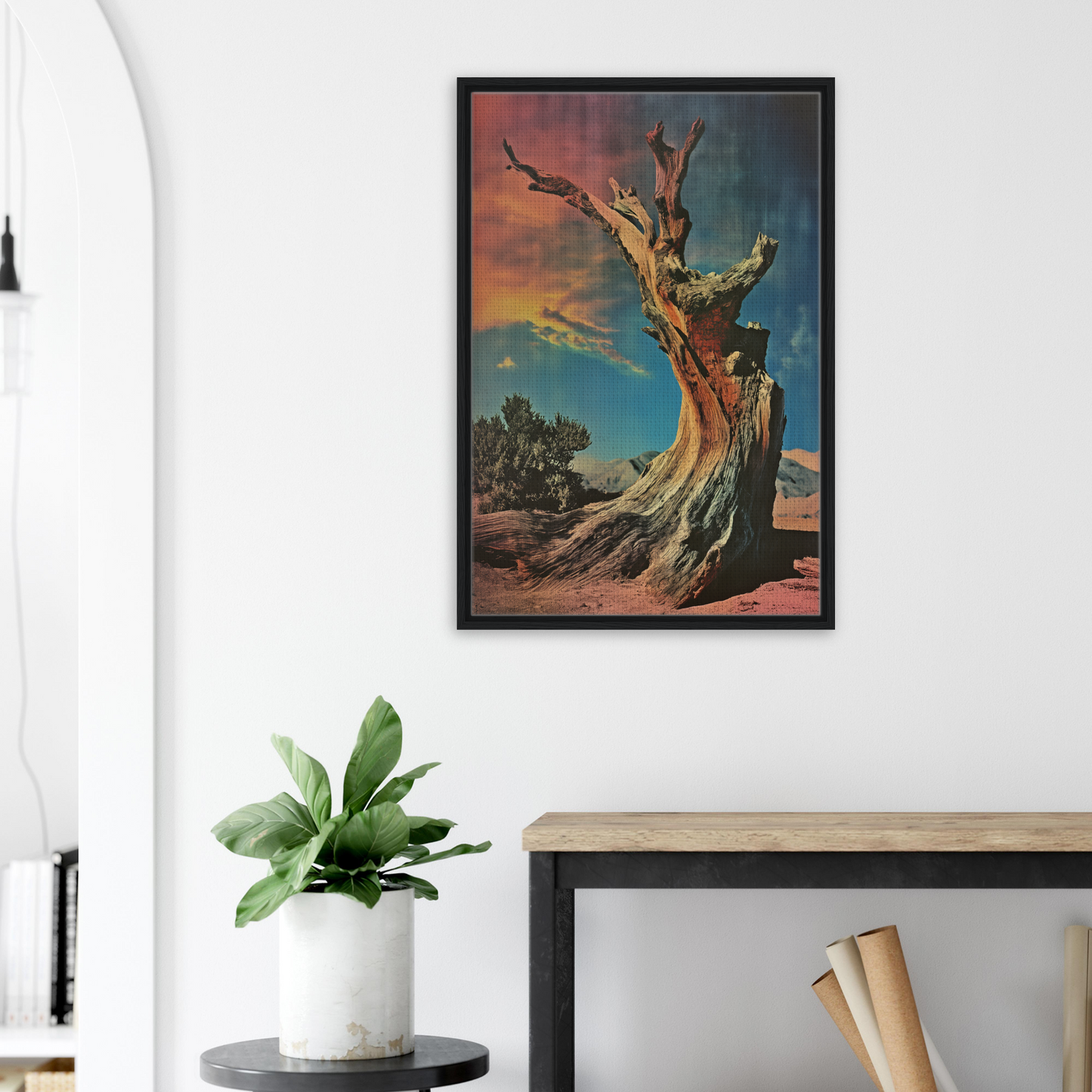 Framed canvas print of a twisted tree at sunset, Desert Time Odyssey by Fashion Oracle