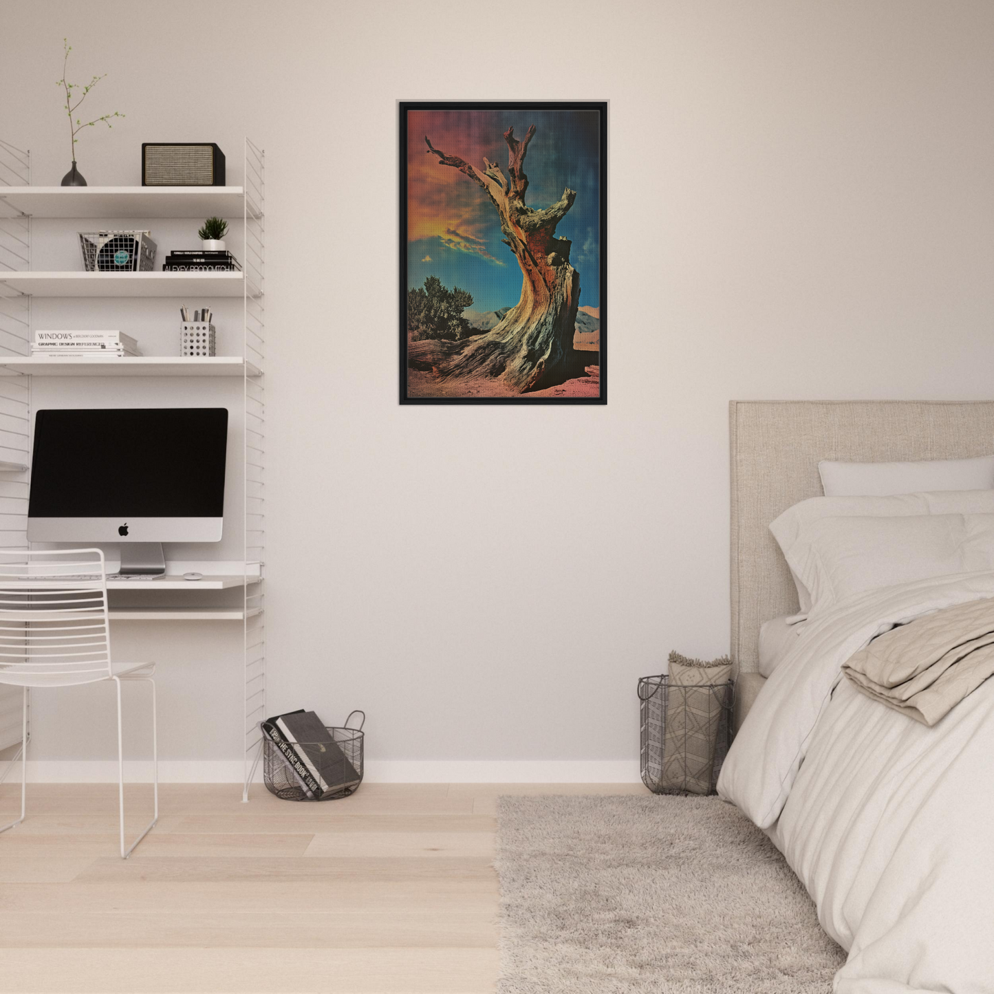 Framed canvas print of a gnarled tree against a colorful sky, Desert Time Odyssey