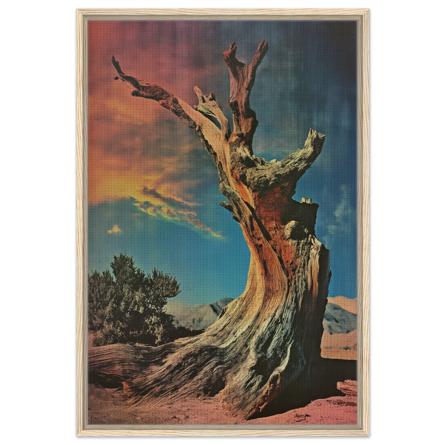Gnarled dead tree with bare branches in Desert Time Odyssey framed canvas print