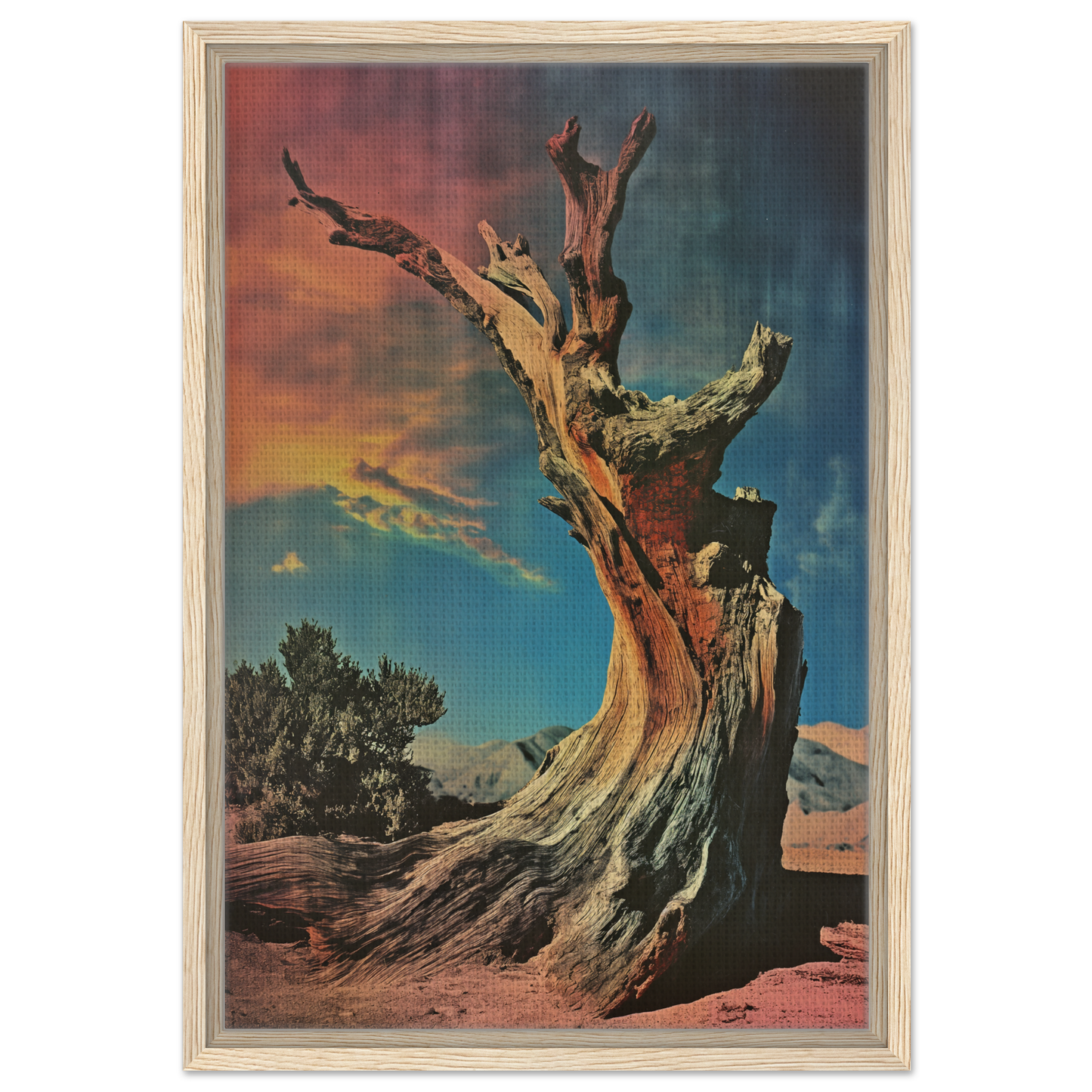 Gnarled dead tree trunk against a colorful sky in Desert Time Odyssey room decor