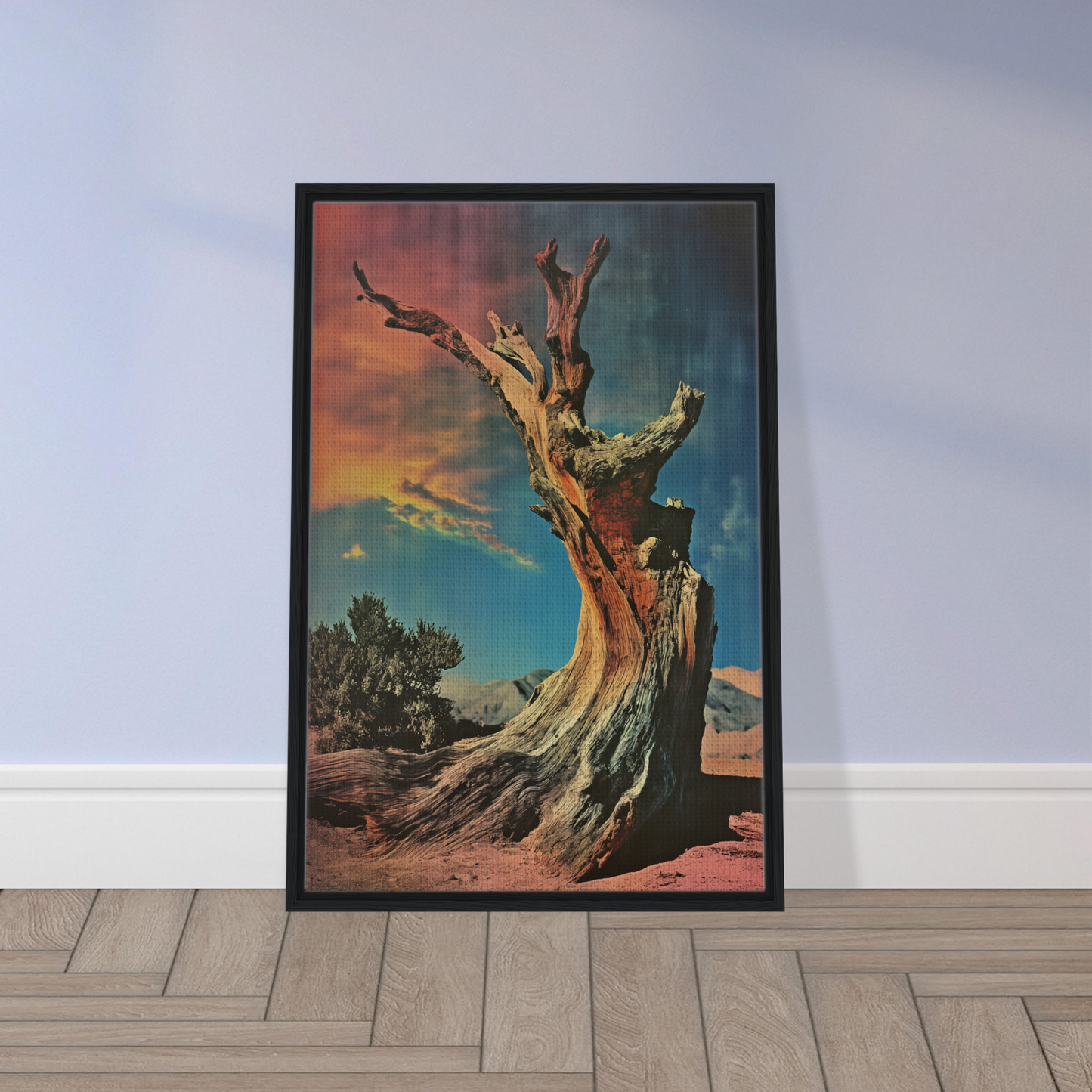 Twisted gnarled tree trunk against a colorful sky in Desert Time Odyssey room decor