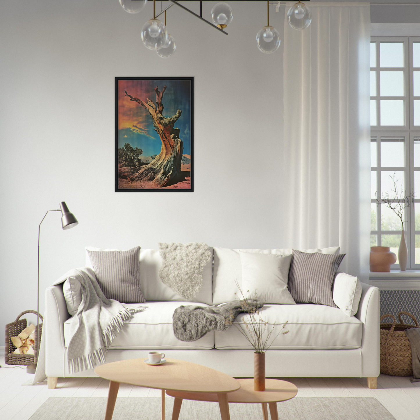 White sofa adorned with throw pillows and blankets from Desert Time Odyssey collection