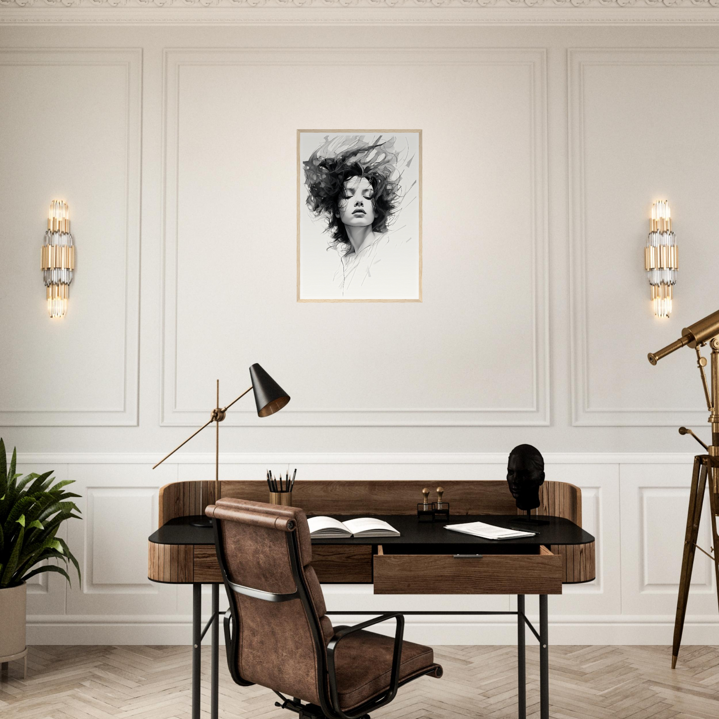 A desk with a chair and a lamp