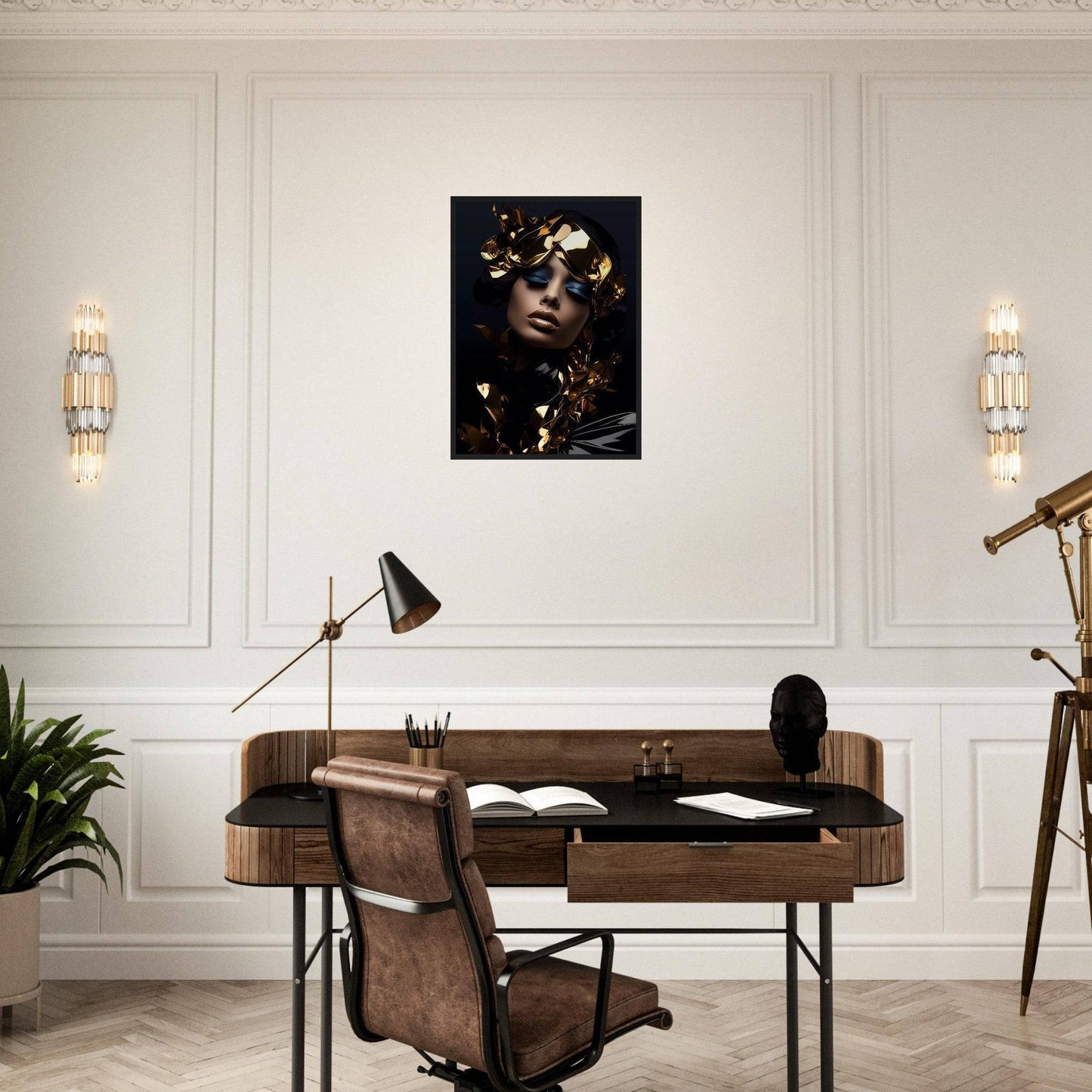 A desk with a chair and a lamp