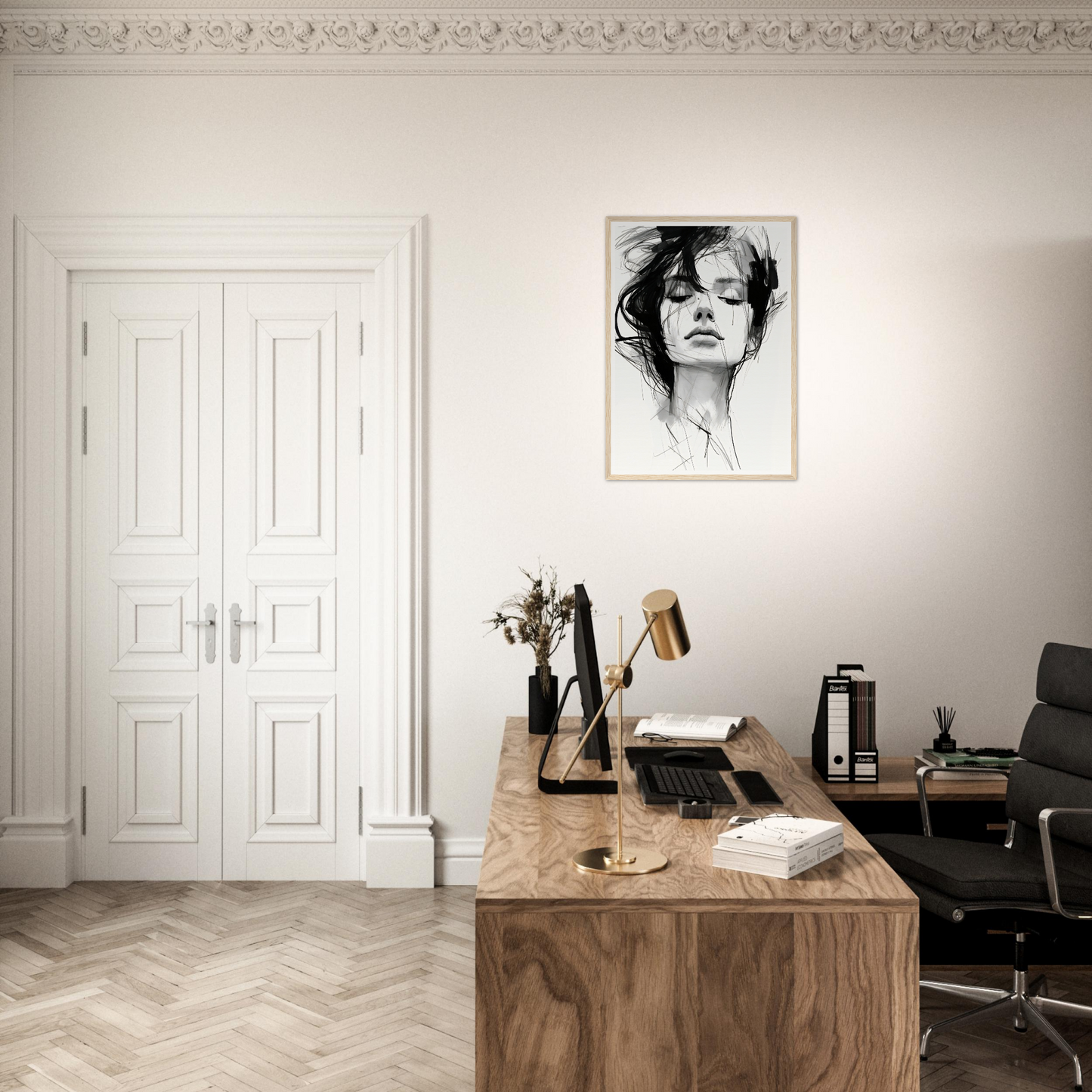 A desk with a chair and a painting on the wall
