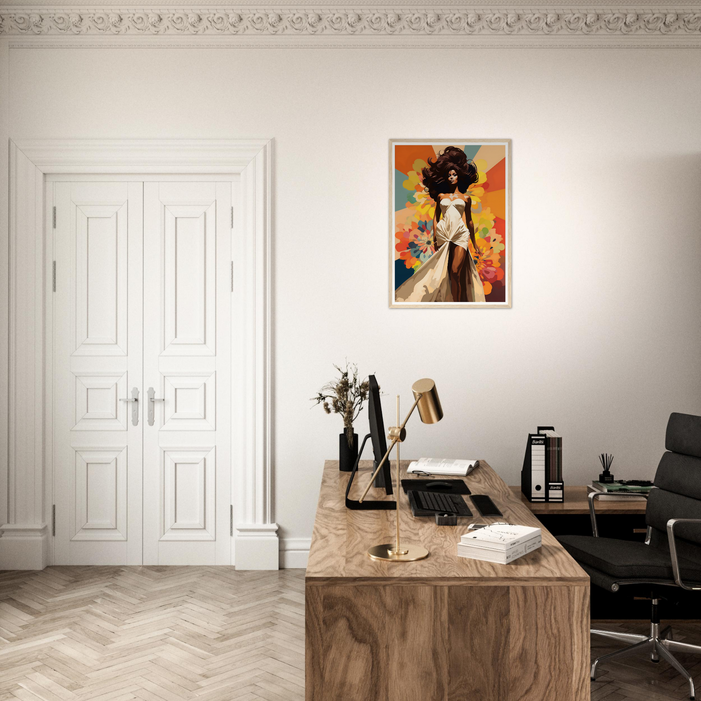A desk with a chair and a painting on the wall