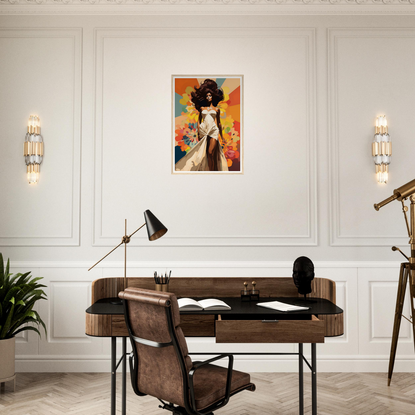 A desk with a chair and a painting on the wall