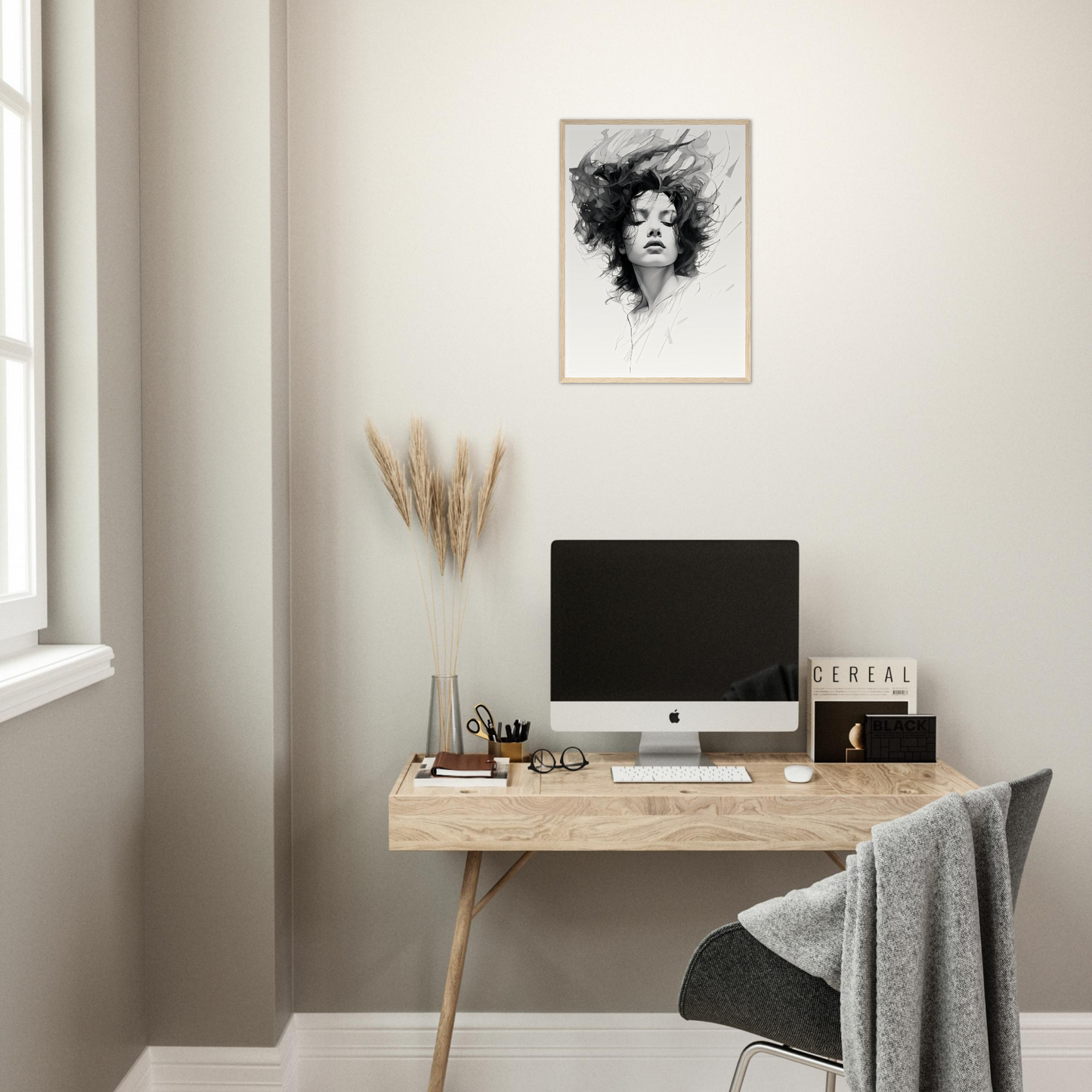 A desk with a computer and a plant on it
