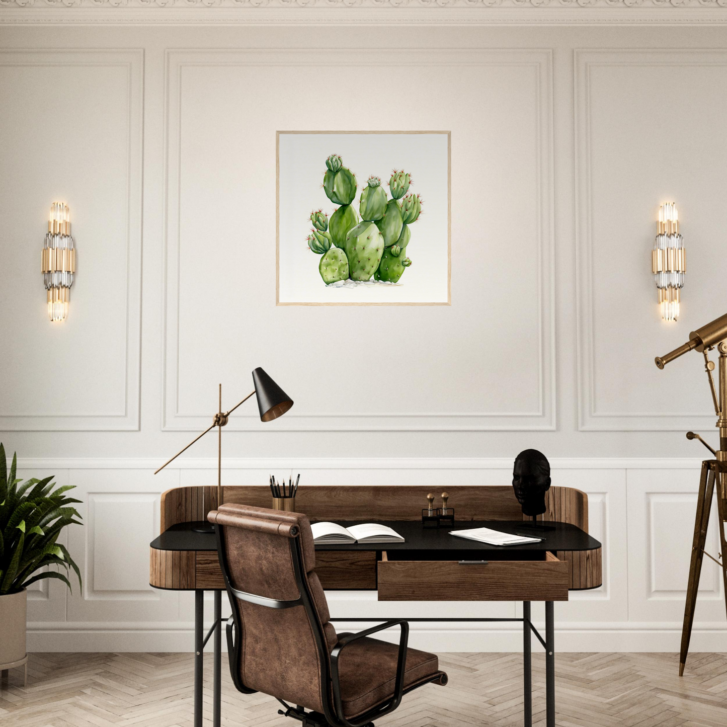 A desk with a plant on it