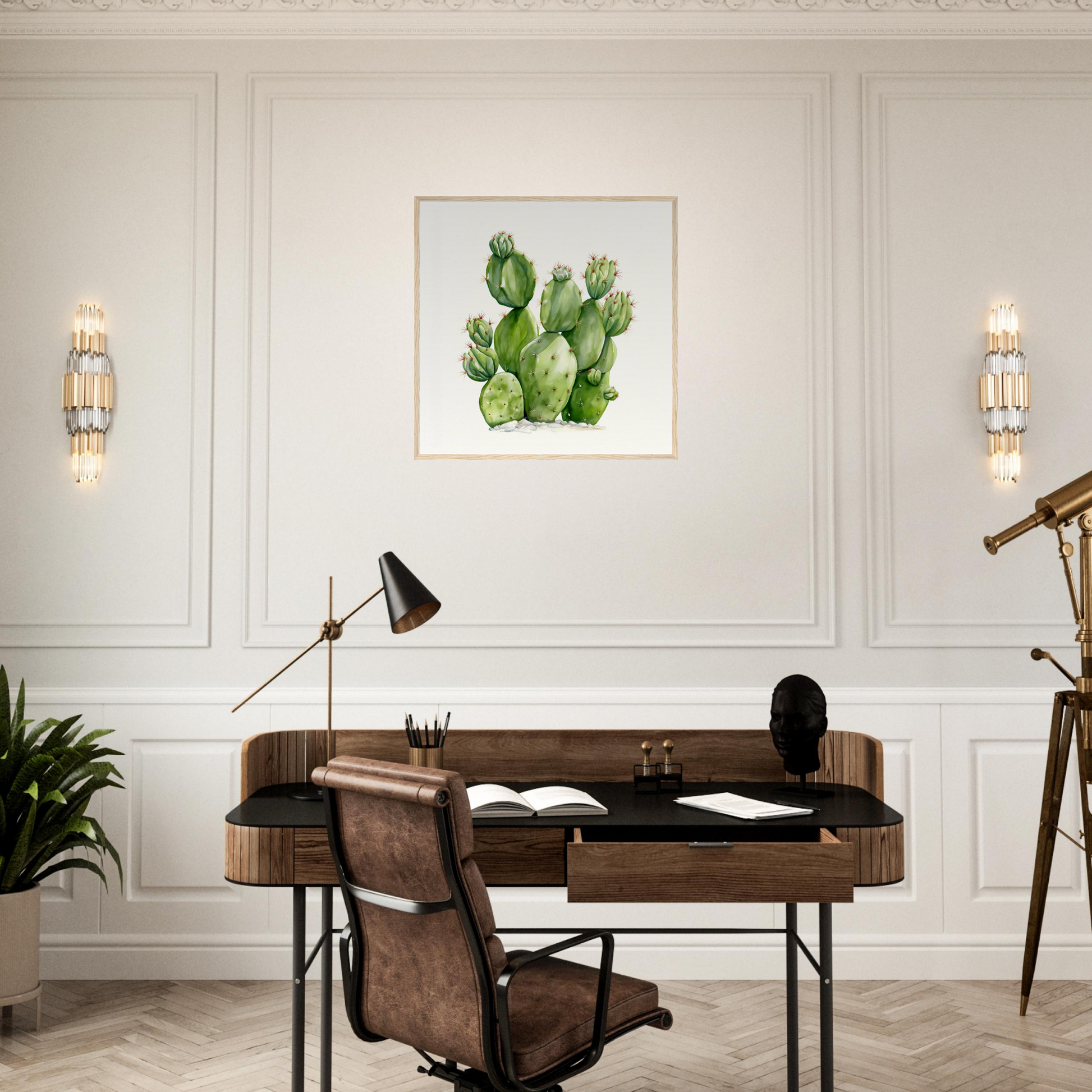 A desk with a plant on it