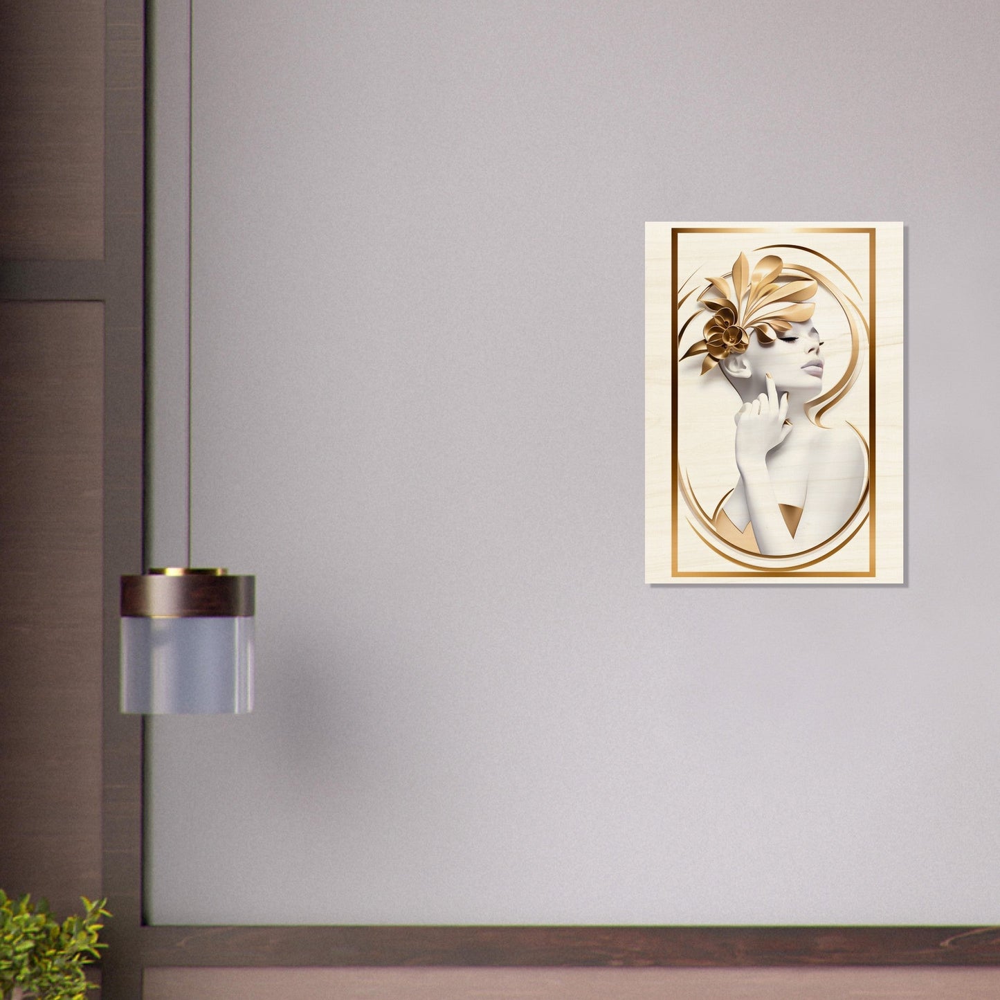 Framed artwork depicting a stylized portrait of a woman in gold and white tones.