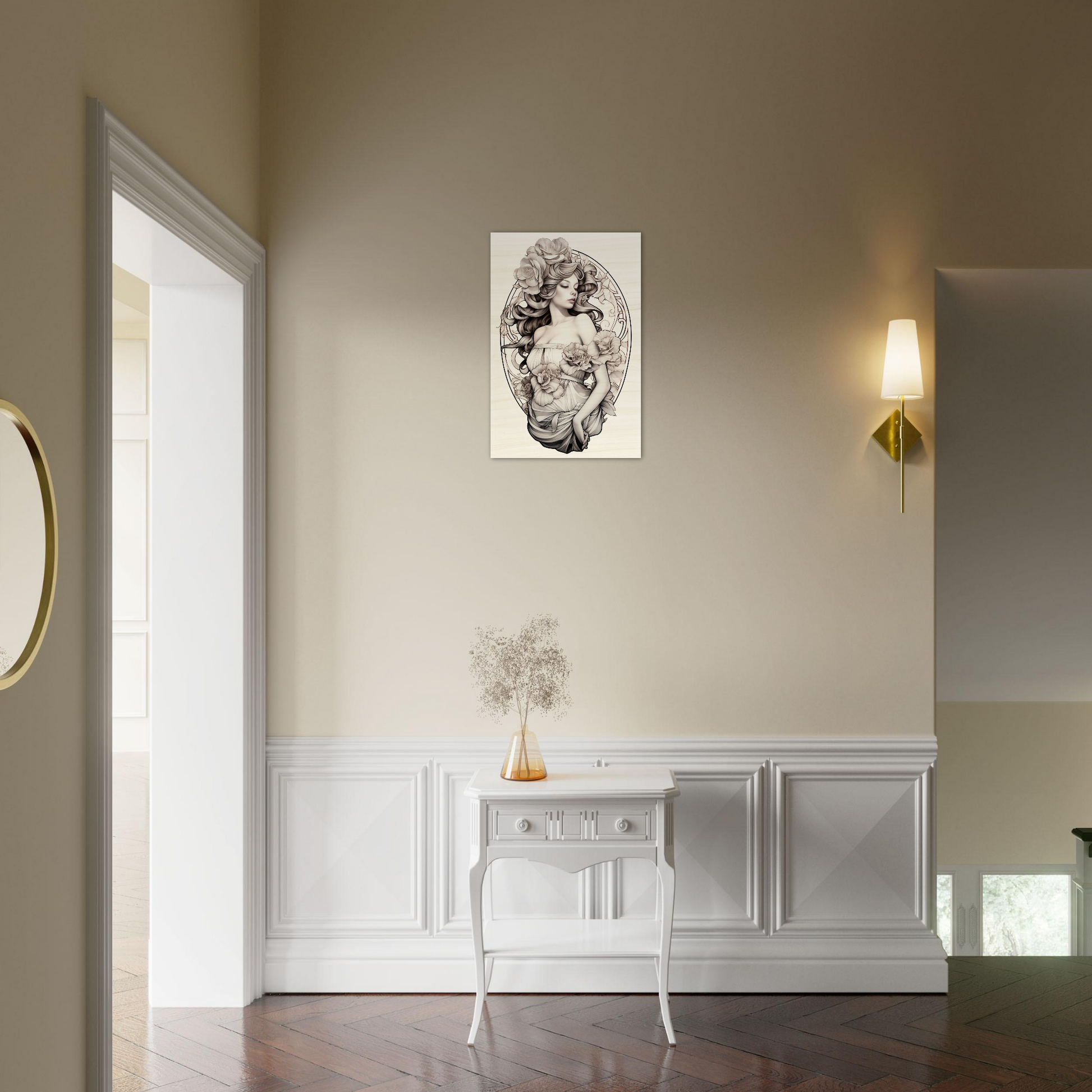 Elegant white console table with curved legs and decorative details.