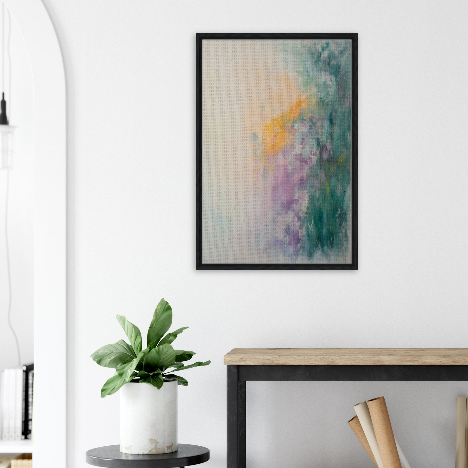Abstract painting of green, purple, and yellow swirls in a black frame for Dreamscape Tranquility