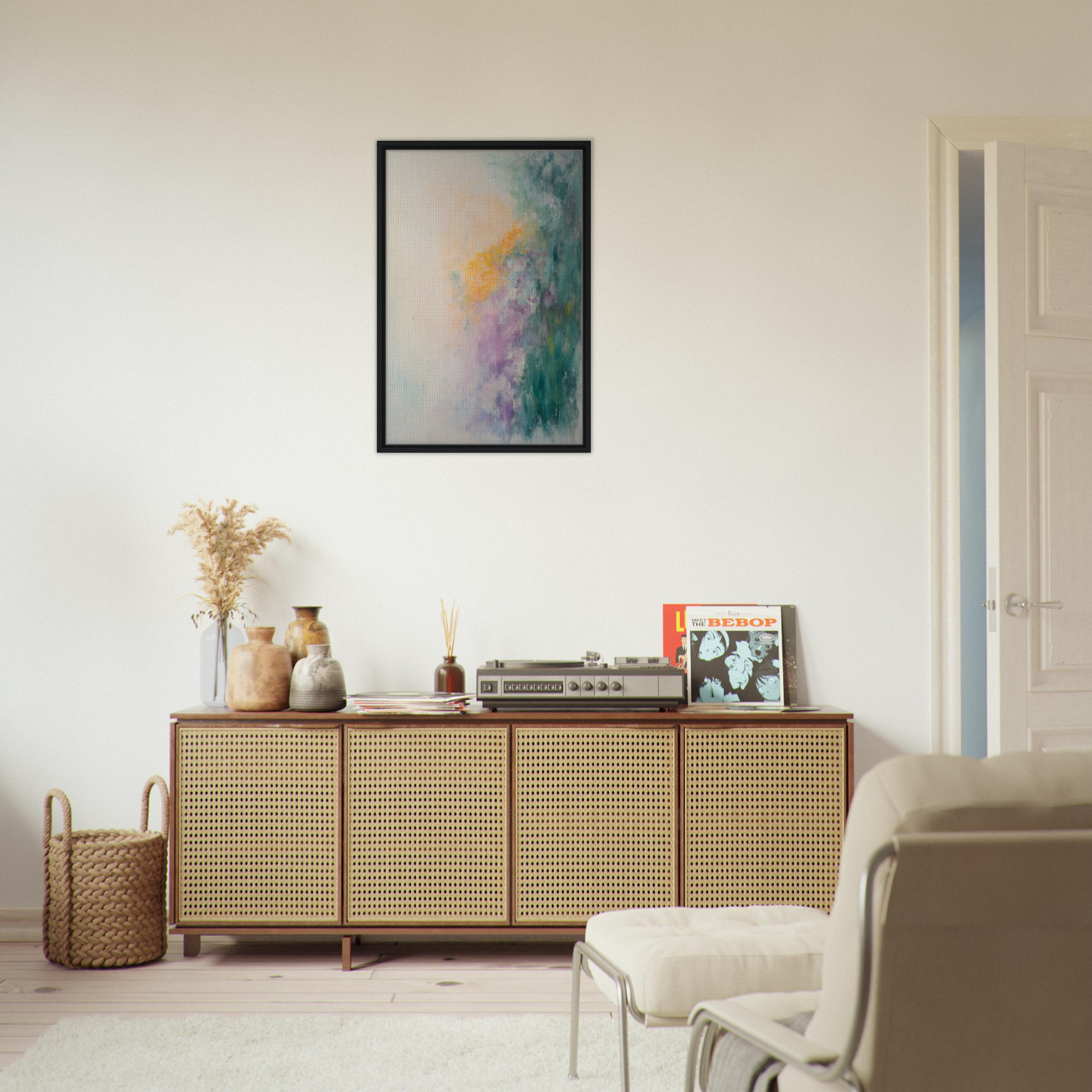Wooden sideboard with cane-webbed doors enhancing Dreamscape Tranquility room decor
